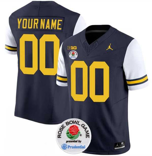 Mens Michigan Wolverines ACTIVE PLAYER Custom 2023 F.U.S.E. Navy White Rose Bowl Patch Stitched Jersey
